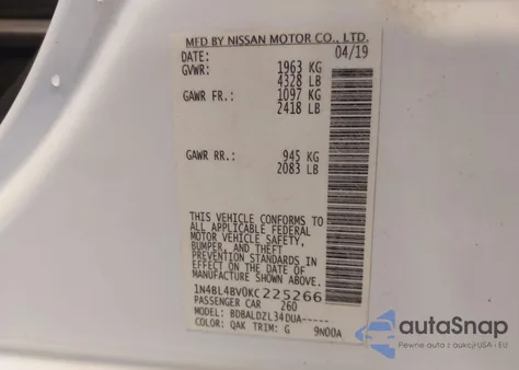 2019 Nissan Altima 2.5 S z USA, uszkodzony, nr VIN 1N4BL4BV0KC225266